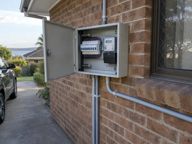 Open electrical switchboard on a brick exterior wall beside a window in Chittaway Bay